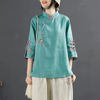 中國風短袖棉麻襯衫中式立領盤扣上衣斜襟繡花茶服夏大碼亞麻女裝