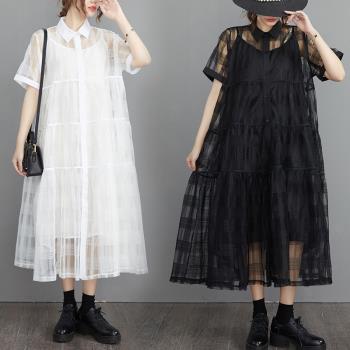 日本外貿一線品牌夏季歐根紗寬松拼接抽褶兩件套吊帶襯衣領連衣裙