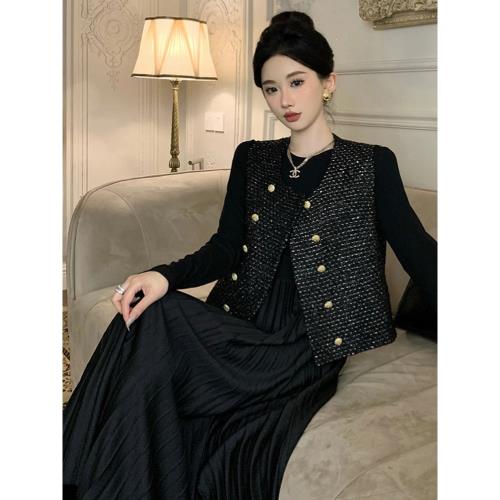 法式小香風亮片背心馬甲連衣裙套裝女秋款高級感垂墜感長裙兩件套