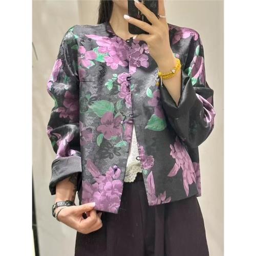 Swj Studio 桃意嘉人人絲提花新中式盤扣寬松小上衣開衫黑色外套