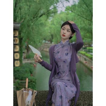 旗袍女紫色優雅印花連衣裙旗袍
