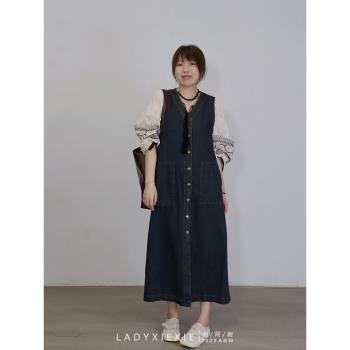 氣質v領無袖長款春秋牛仔背心裙
