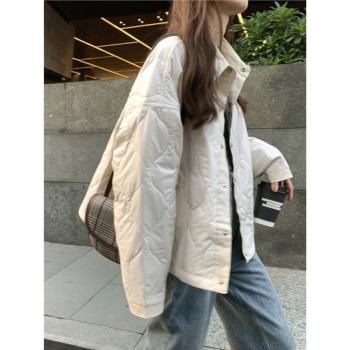 夾棉外套女春秋深圳歐貨小個子輕薄菱格棉服短款夾克開襯衫棒球服