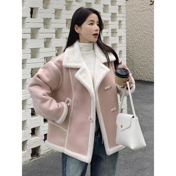 粉色羊羔毛外套女2023新款冬季加絨加厚短款皮毛一體鹿皮絨機車服