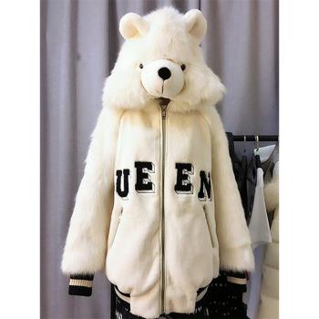 地球店 白色可愛熊頭毛絨短款上衣女冬季減齡字母毛巾繡連帽外套