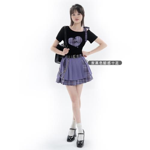 啦啦醬 虛擬故障 露肩短袖愛心圖案T恤上衣 撞色辣妹開叉短裙套裝