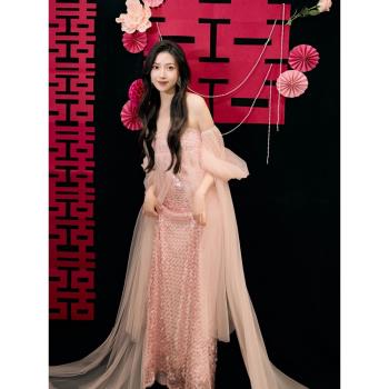 晨袍女新娘輕婚紗訂婚禮服裙高階輕奢小眾粉色網紗抹胸吊帶連衣裙
