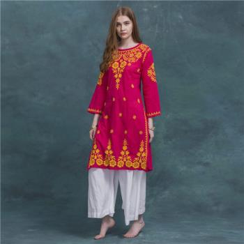 印度舒適透氣純棉異域玫紅上衣