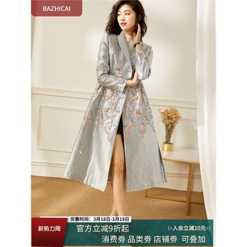 wh翻領刺繡提花中長款百搭修身時尚風衣氣質女神范知性通勤加厚