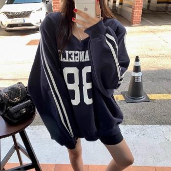 韓國東大門2024秋裝復古美式寬松字母印花衛衣女慵懶中長款上衣