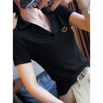 歐洲站設計感小眾繡花翻領T恤女短袖2023夏季新款黑色修身上衣ins