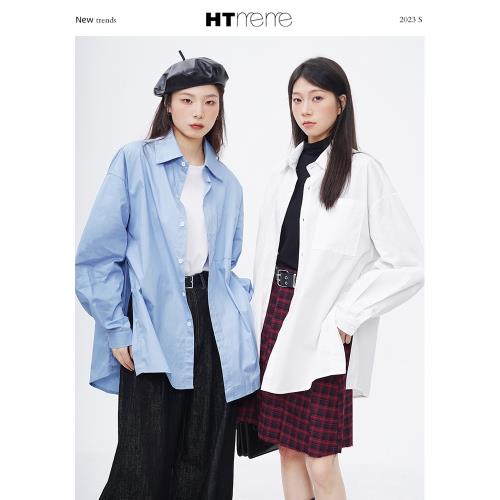 花田櫥窗HTmeme 藍天白云~側開叉長袖襯衫女春秋慵懶簡約寬松上衣