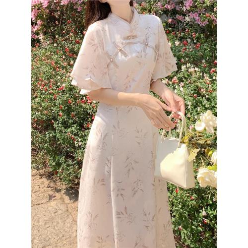 胖妹妹復古新中式旗袍連衣裙2025夏大碼氣質優雅荷葉邊短袖長裙女