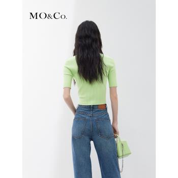 交叉MOCO解構坑條針織衫綠色短袖