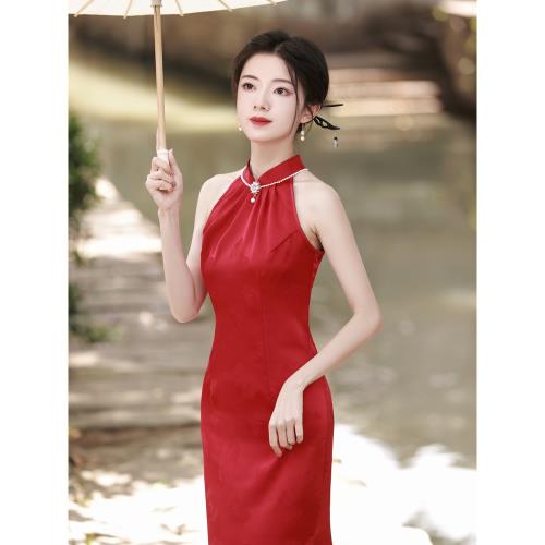 新中式國風紅色改良旗袍2025新款敬酒服新娘訂婚禮服無袖連衣裙