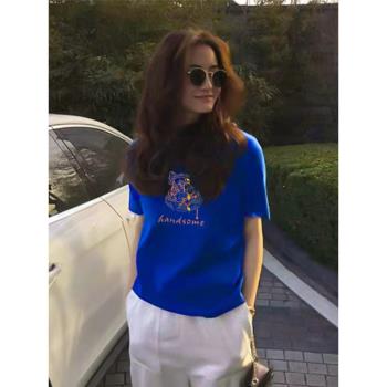 歐洲站炸街克萊因藍上衣韓國寬松設計感小眾冰爽棉短袖T恤女ins潮