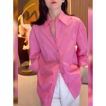 法式粉色襯衫春裝女2023年新款獨特別致寬松長袖襯衣成熟御姐上衣