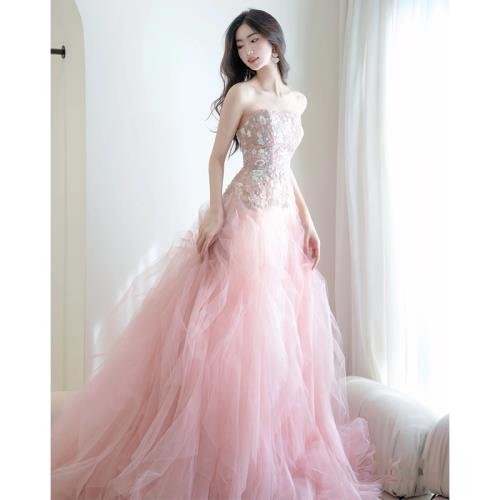超仙抹胸晚禮服2026夏季新款蓬蓬紗粉色生日成人禮輕奢宴會公主裙