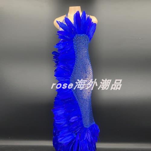 藍色羽毛珍珠透視連衣裙夜店酒吧車模走秀性感演出服舞臺裝