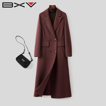 BXV紫色雙面羊絨大衣女中長款2023秋季新款品牌雙面呢羊毛外套潮
