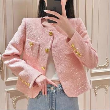 粉色小香風外套女2024新款秋冬高階設計感超好看氣質短款保暖上衣