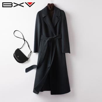 BXV羊絨大衣女中長款2024年秋季新款雙面羊絨外套純手工黑色毛呢