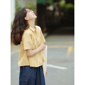 黃色短袖小眾日系寬松格子襯衫