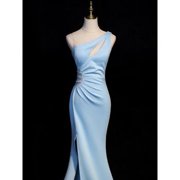 藍色晚禮服女2022新款高級感氣質名媛年會主持人魚尾長裙高端性感