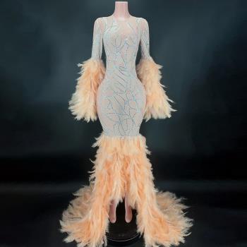 NOCANCE shiny diamonds orange feathers elegant evening gown
