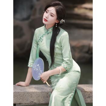 七分袖年輕款日常綠色中國風旗袍