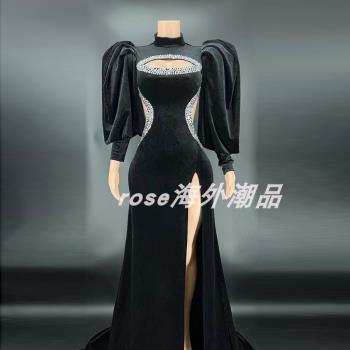 胸前兩側鏤空泡泡袖女歌手禮服