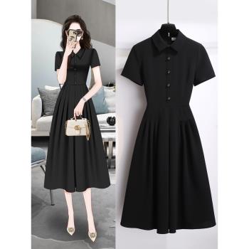 Polo氣質黑色連衣裙夏季垂感襯衫