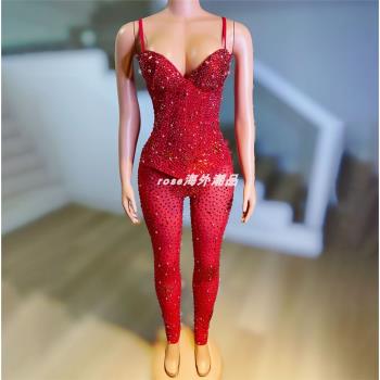 novance 新款女式紅色吊帶閃亮鉆石性感連身衣時尚華麗連身褲高腰