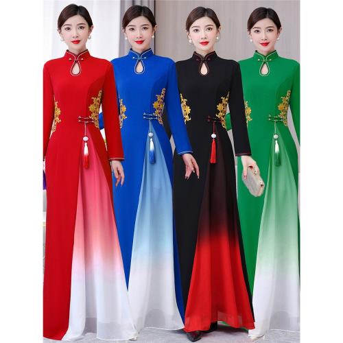 長袖高端越南奧黛走秀旗袍長款舞蹈服舞臺演出服改良連衣裙中國風