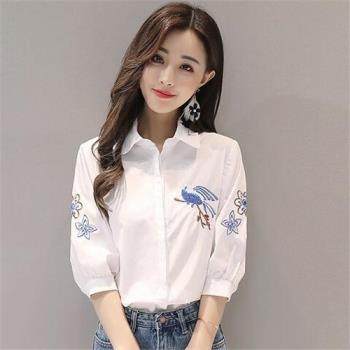 韓版2024春秋裝新款大碼寬松顯瘦白色襯衫女長袖學生刺繡打底襯衣