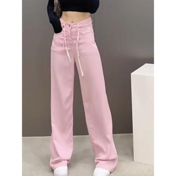 粉色高腰牛仔褲設計感小眾抽繩