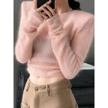 粉色針織辣妹修身短款內搭毛衣