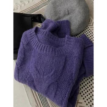 紫色針織冬季韓版奶fufu圓領毛衣