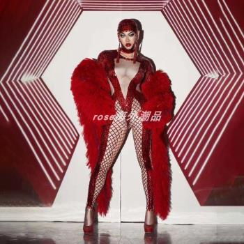 亞馬遜熱門商品羽絨兩件套演出服性感紅色亮片連身褲火辣俱樂部