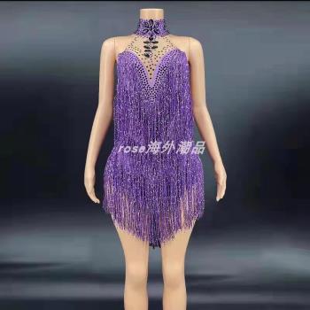 加大碼紫色水鉆閃亮性感舞蹈禮服
