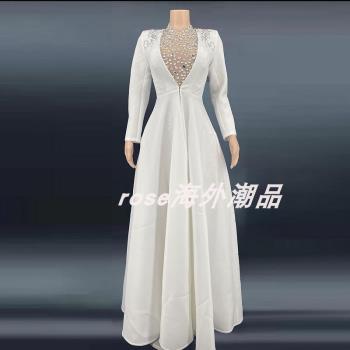 優雅水晶公主婚紗白色閃光禮服婚禮派對兩件套長袖連衣裙