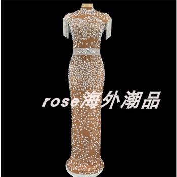 2022年女式性感夏季服裝閃亮珍珠亮片手工晚禮服鉆石流蘇無袖性感