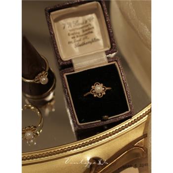「奧菲斯畫廊」法式vintage復古高級感輕奢蕾絲鑲鉆珍珠開口戒指