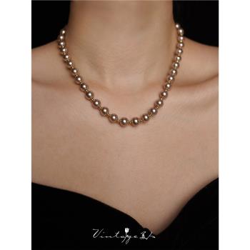 「安吉麗娜」施華洛珍珠 法式復古高級感小眾棕色珍珠項鏈/鎖骨鏈