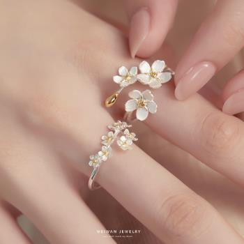 『梨花聲』為晚s925純銀花朵開口戒指女款食指小眾設計復古風禮物
