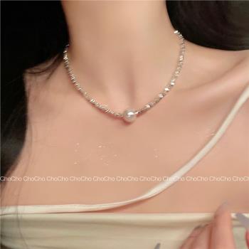 chocho/碎銀珍珠項鏈女2023年新款設計感高級鎖骨鏈輕奢小眾頸鏈