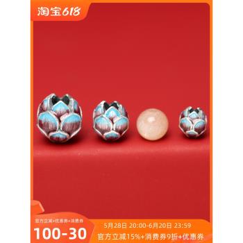 S925純銀琺瑯燒藍蓮花轉運珠景泰藍隔珠配件DIY手鏈手繩硃砂配珠