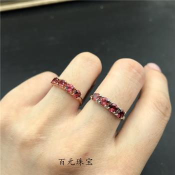 正品天然酒紅寶石色石榴石活口戒指排戒女925純銀鍍18k金生日禮物