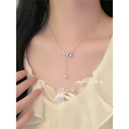 氣質鋯石珍珠流蘇吊墜項鏈女溫柔精致小眾設計輕奢鎖骨鏈2023新款