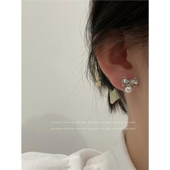 銀色蝴蝶結珍珠耳釘女小眾設計感冷淡風耳環法式溫柔百搭氣質耳飾